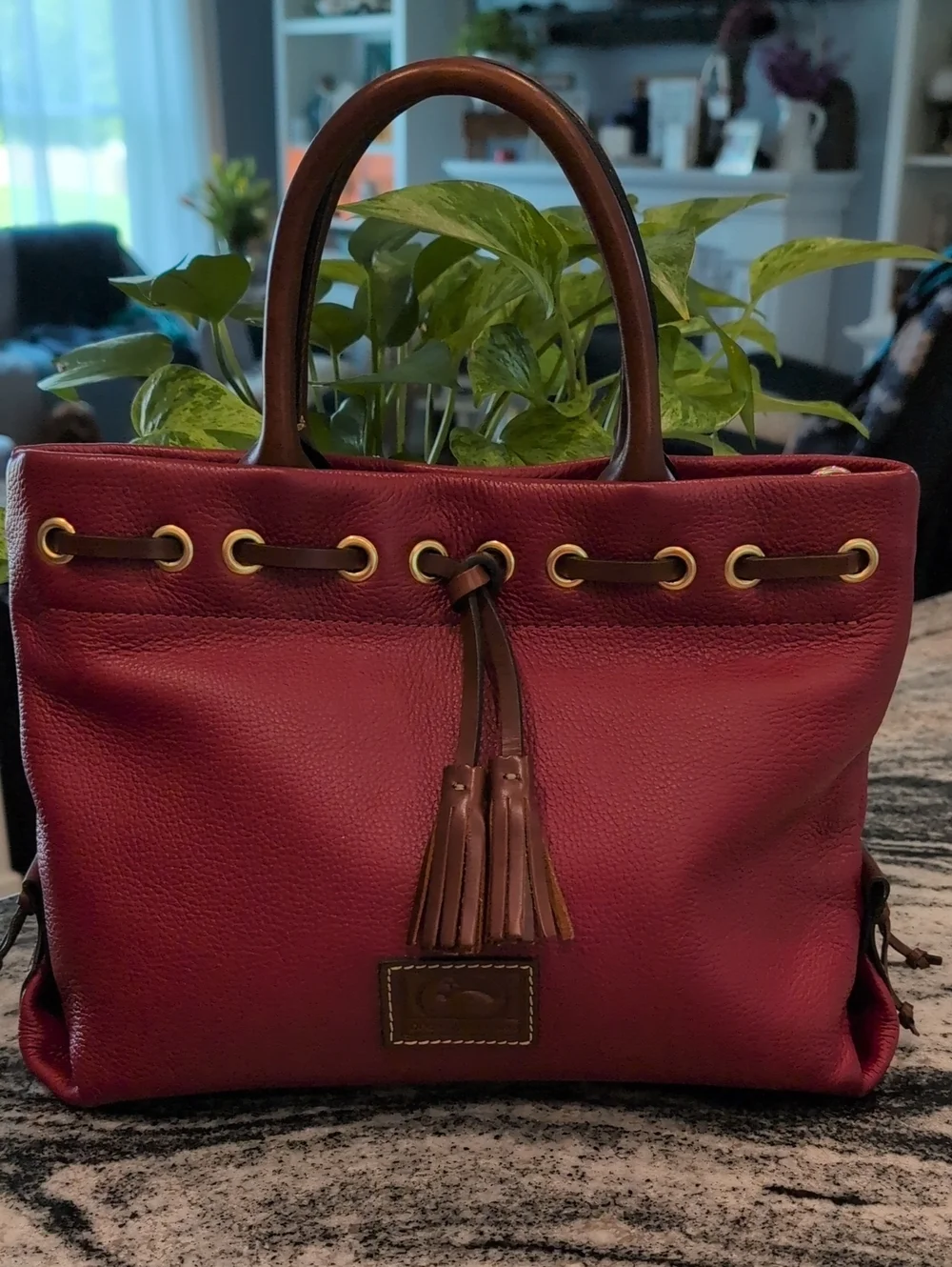 Dooney & Bourke Tassel Drawstring Pebbled Leather Satchel Bag